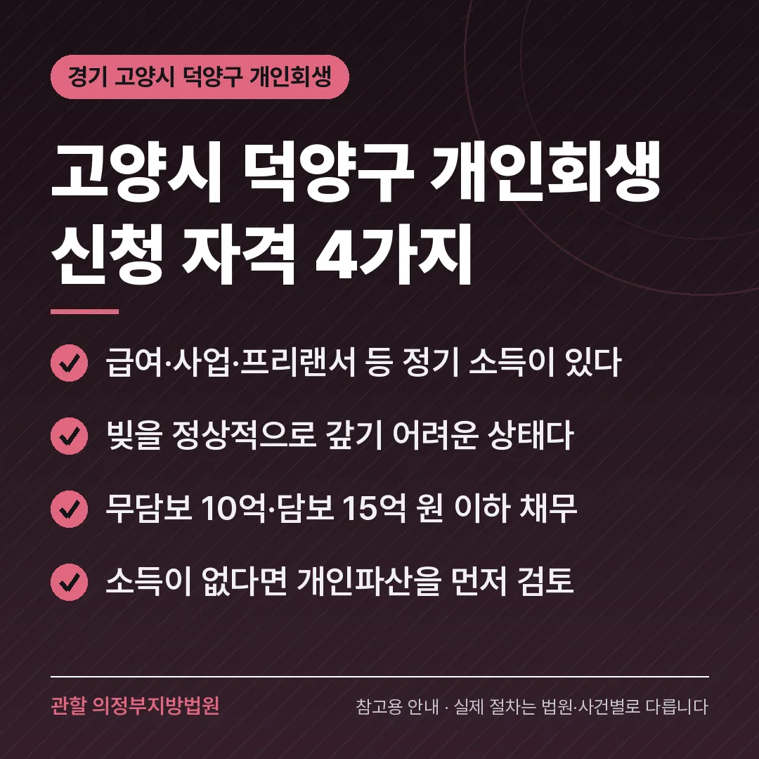 경기 고양시 덕양구 개인회생 신청 자격 4가지 경기 고양시 덕양구 개인회생 신청 자격 4가지