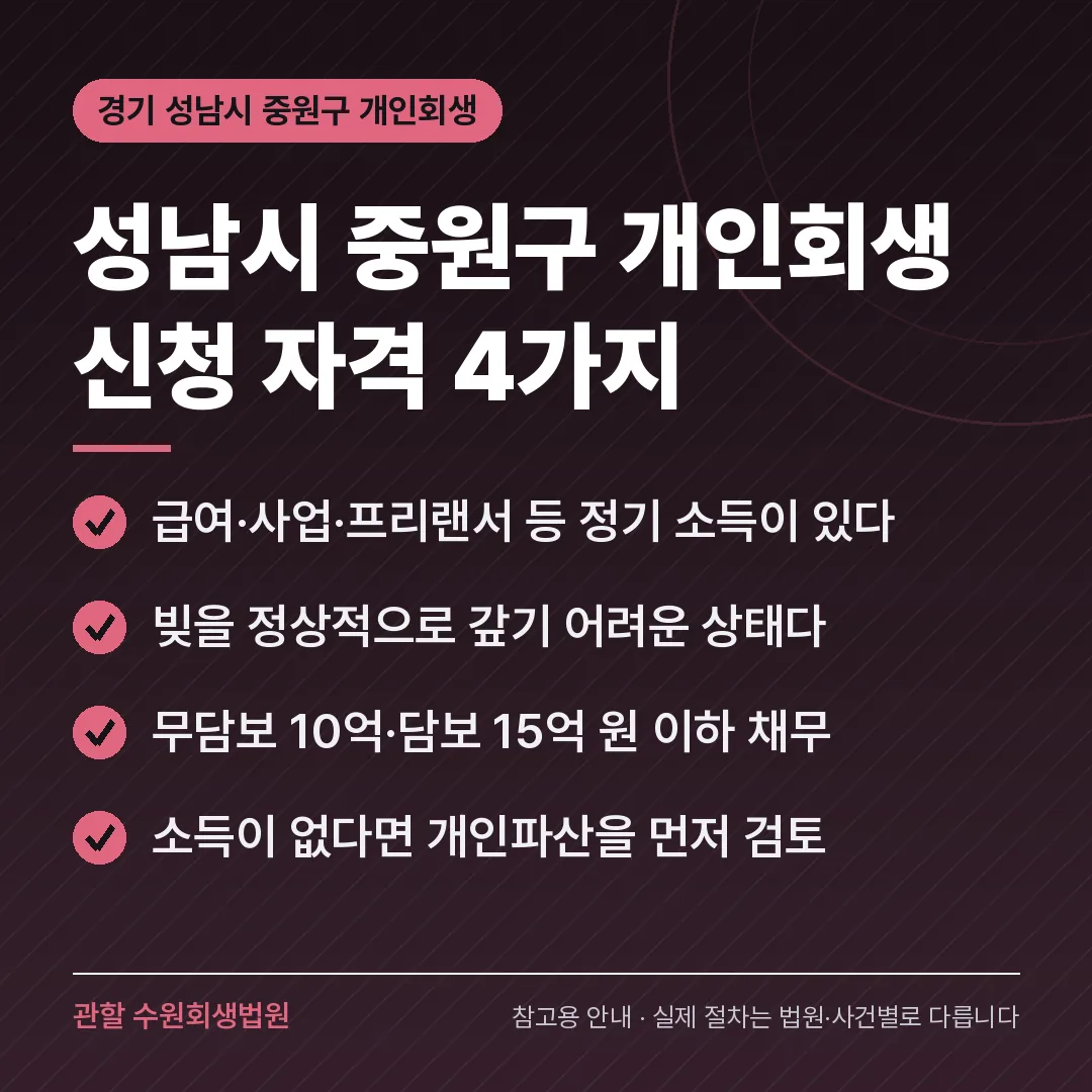 경기 성남시 중원구 개인회생 신청 자격 4가지 경기 성남시 중원구 개인회생 신청 자격 4가지